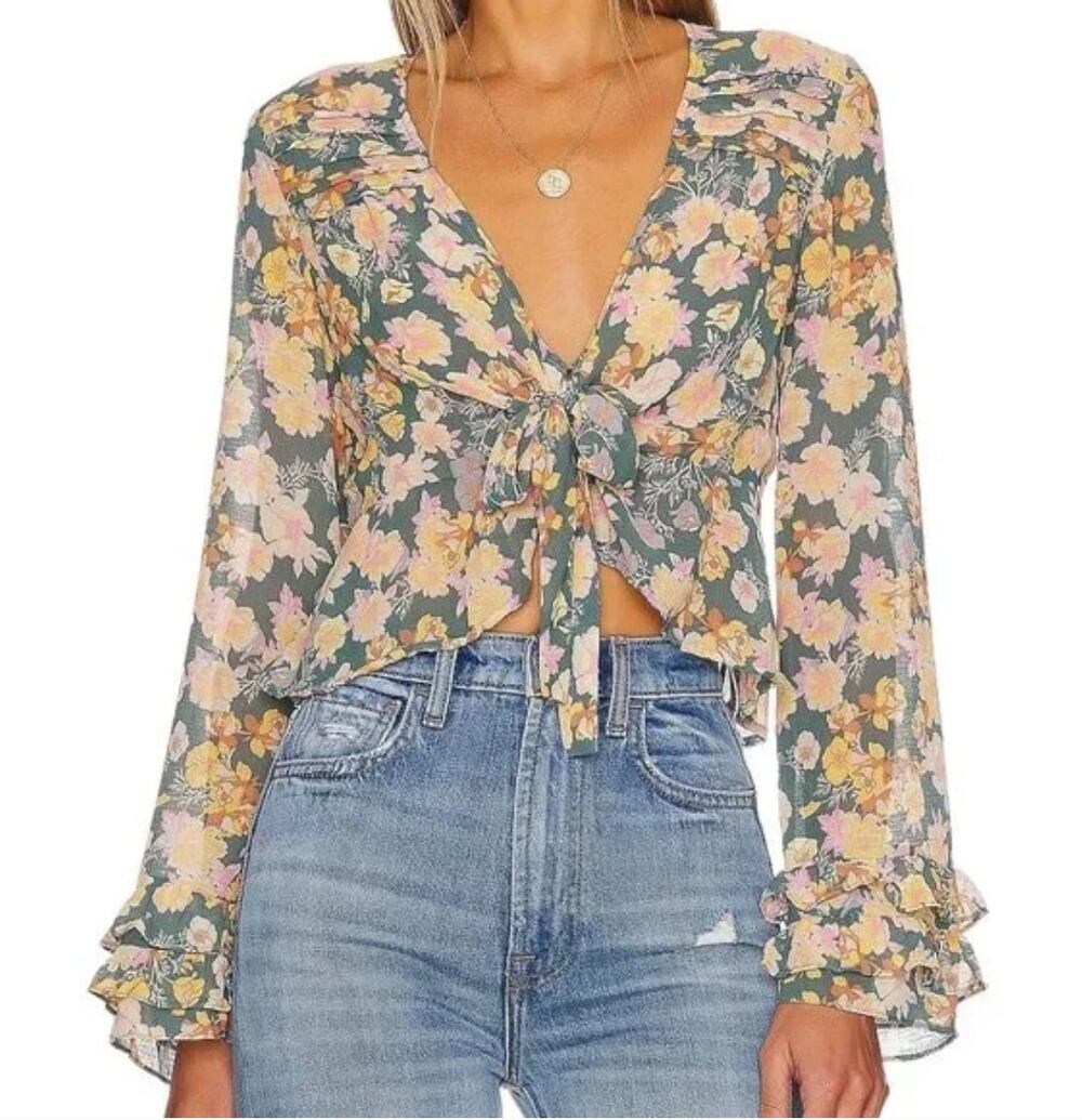 FREE PEOPLE | Maybel Floral Print Ruffle Blouse  Happy Combo Green | Extra Small